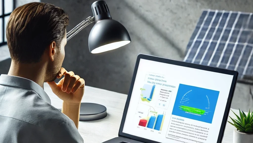 Aurinkopaneelit omakotitaloon laskuri esitettynä modernilla kannettavan tietokoneen näytöllä.